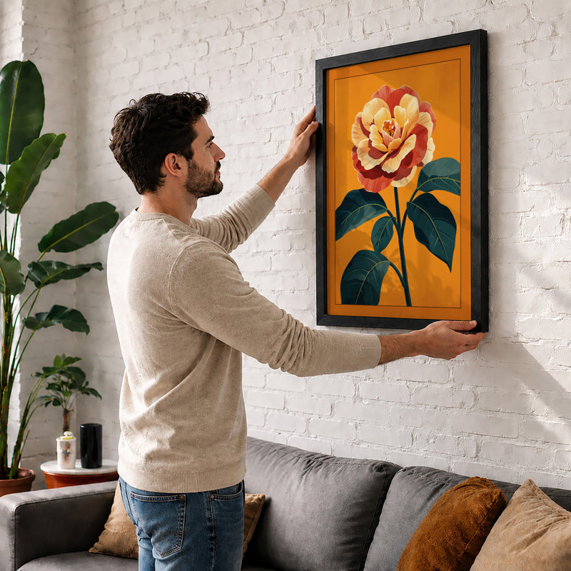 Single Rose in Gold Botanical - Framed Print, A1 - 84.1 x 59.4 cm, Black