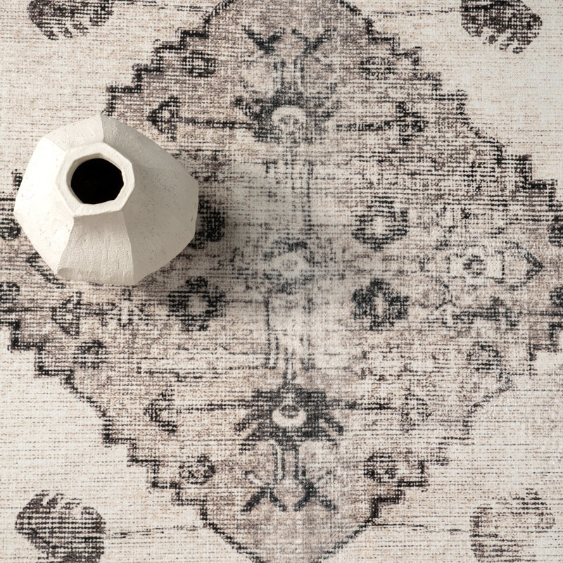 Teo Medallion Machine Washable Area Rug for Living Room Bedroom Dining Room Kitchen, Light Grey/Ivory, Round 6'