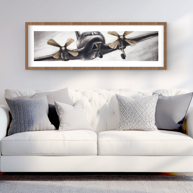 «Vintage Air plane in Flight - Gray», reproduction encadrée