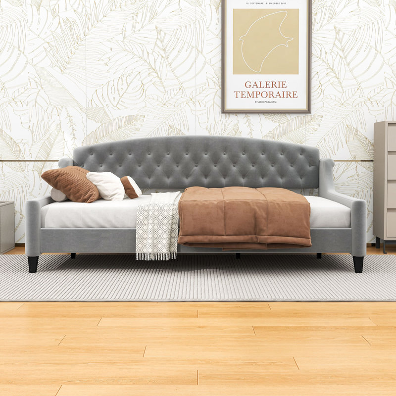 Lit de jour rembourré en bois avec capitonnage et pieds centraux, Gris