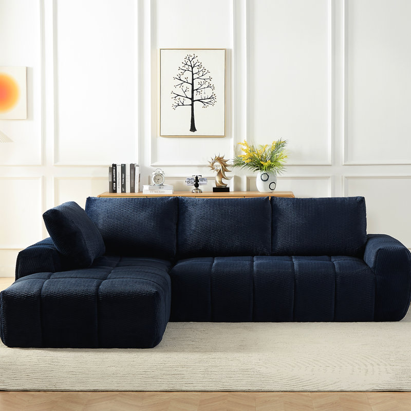 Canapé modulaire de luxe en forme de L en fausse fourrure pour salon, appartement et espaces de réception, 4 sièges, bleu foncé, tissu doux, conception segmentée unique, support à ressorts ensachés, utilisation instantanée sans