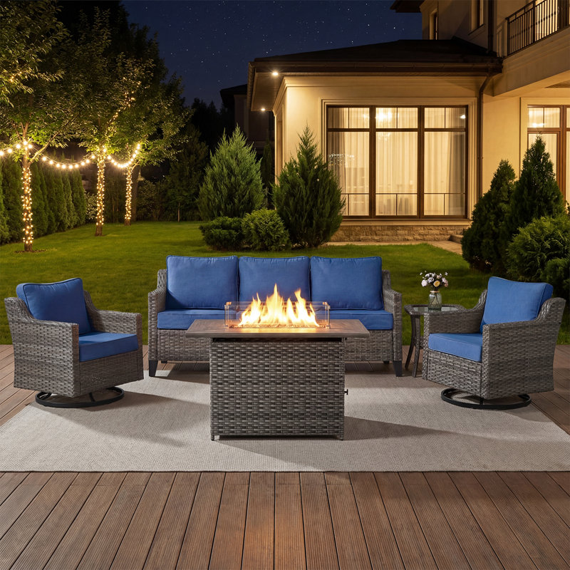 Arlene 5 Person Outdoor Wicker Sofa Conversation Set With Swivel Chairs, Fire Pit Table & Side Table, Blue