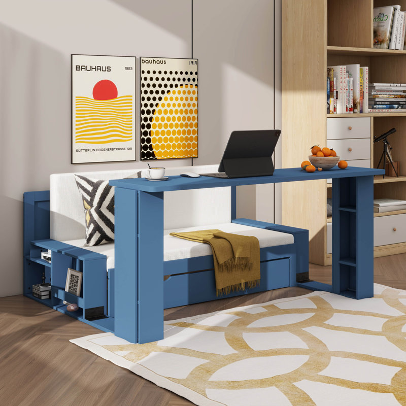 Lit de jour double avec bureau amovible - Comprend des tiroirs de rangement et une table d'appoint hydraulique, Double, Bleu
