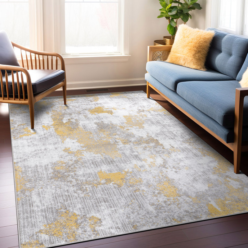 Slavejka Abstract Gray/Yellow/Ivory Area Rug, Rectangle 5' x 7'