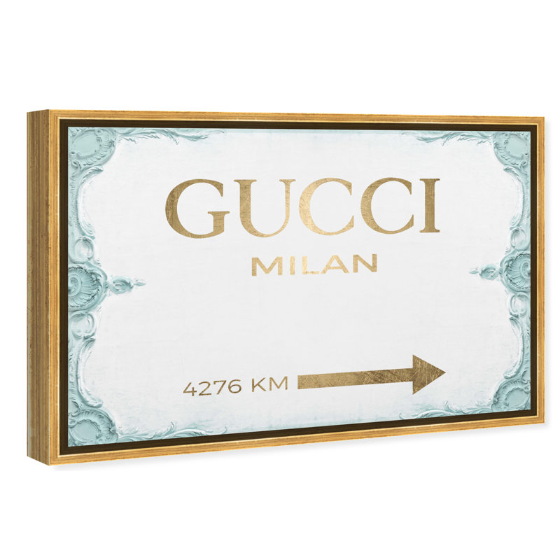 «Milan Sign Aqua», art textuel sur toile, Encadrement doré, H 20 po x l 30 po