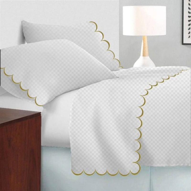 Allena 400TC Cotton Scallop Embroidery Sateen Microcheck Cotton 4 Piece Sheet Set Fitted Sheet Fits Upto 16" Deep Pocket