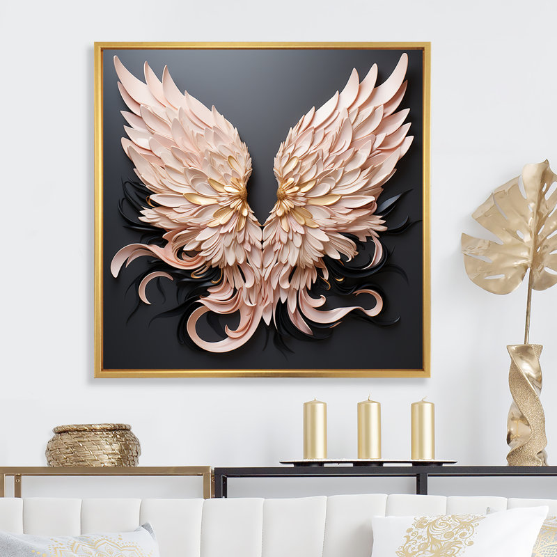 Décoration murale ailes d'ange minimalisme - Femme déesse, Cadre flottant doré, H 36 po x l 36 po x P 1,5 po