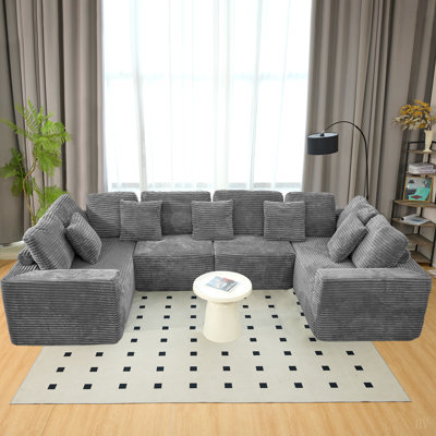 Canapé modulaire en forme de U de 135,5 pouces, méridienne 6 places avec design réversible, tissu en velours côtelé rayé - canapé de salon, disposition librement configurable.
