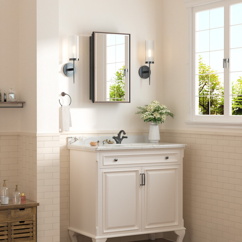 Cyrille Recessed & Surface Framed Medicine Cabinet with Mirror and Shelves, 24" H x 14" W x 5.2" D, Oil Rubbed Bronze