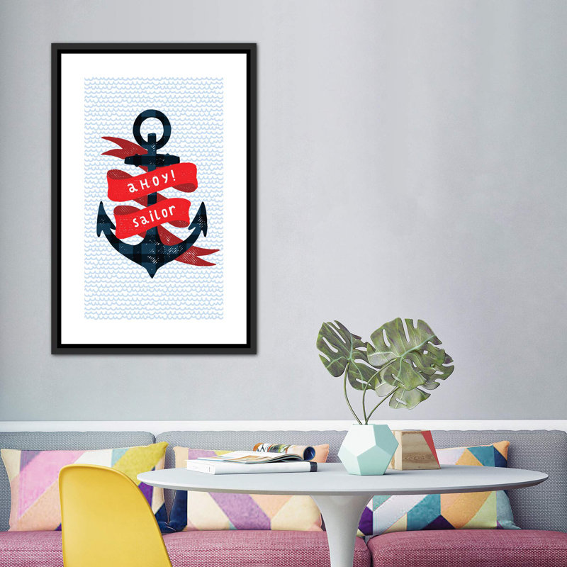 Nautical Anchor - impression d'art graphique, Pas de tapis, H 60 po x l 40po x P 1,5 po, Toile avec cadre noir patiné