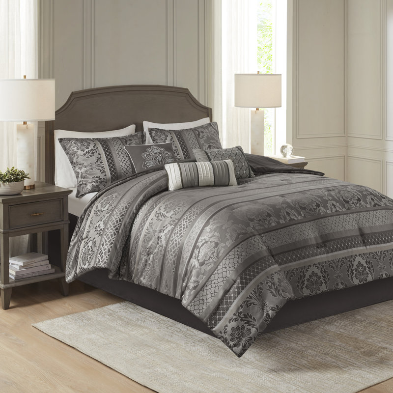 Bellagio 7 Piece Jacquard Comforter Set, Queen Comforter + 6 Additional Pieces, Gray