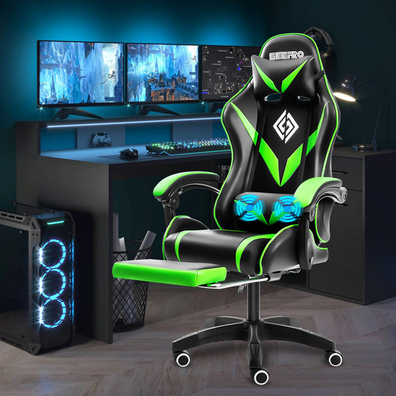 Fauteuil de jeu ergonomique PC et de course avec massage et repose-pieds, Noir / Vert
