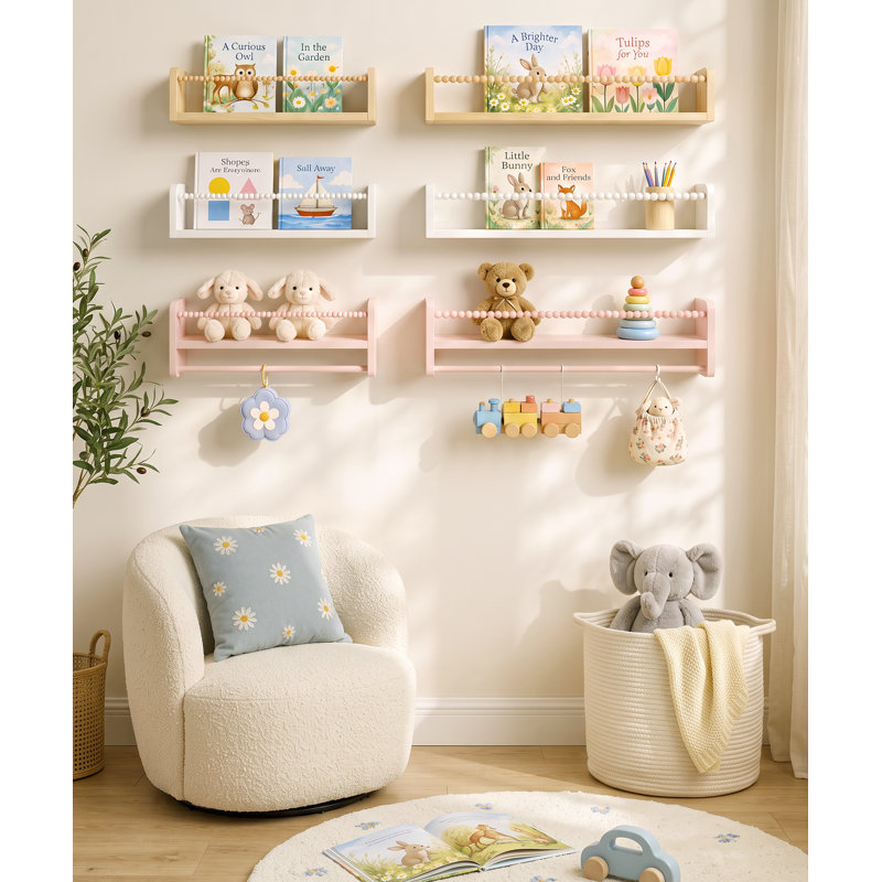 Ensemble de 3 étagères flottantes murales en pin massif de 23 pouces pour chambre d'enfant, étagère à livres murale en bois avec rails avant en moulures de bois