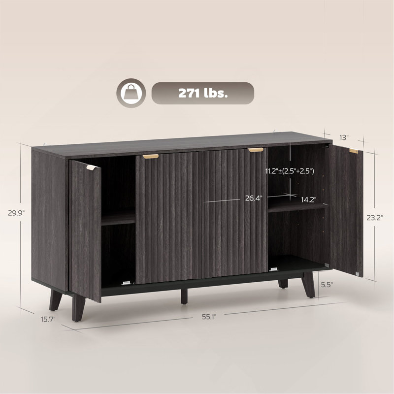 Fluted Sideboard Buffet Cabinet,with Doors,Adjustable Shelves,Wood Legs, Dark Gray