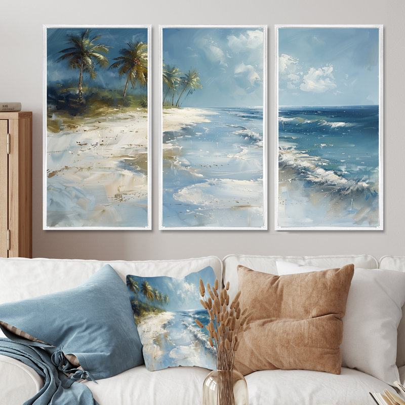 «Blue Green Palm Trees Coastal Breeze V», ensemble d'art mural palmiers et palmiers, Toile encadrée flottée blanche