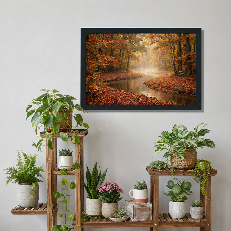 Tableau sur toile représentant une rivière sinueuse dans une forêt d'automne orange, 24"H x 36"W