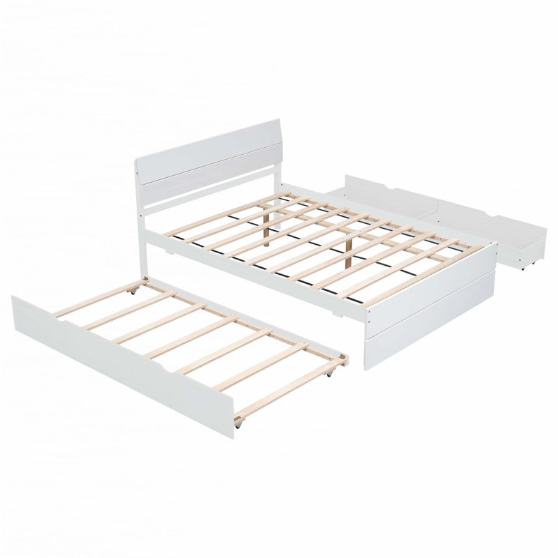 Structure de lit double avec lit gigogne simple et 2 tiroirs, Blanc
