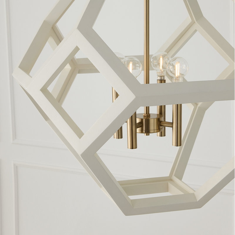 24" W x 28" H 4-Light Geometric Orb Pendant in Matte Brass with Handcrafted Mango Wood Hand-painted Flat White