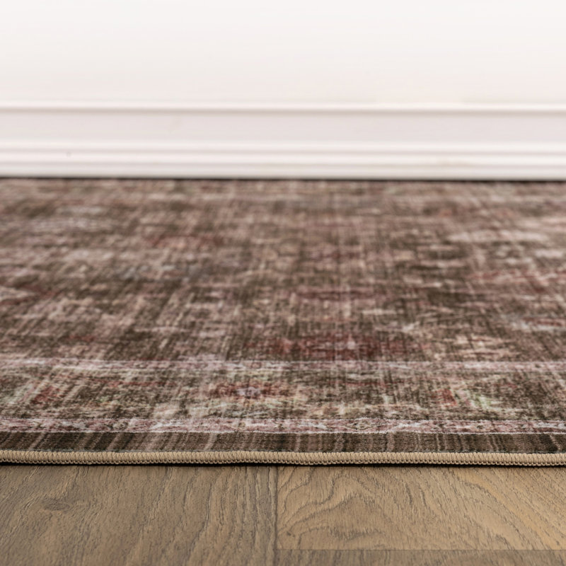 Tapis vintage à motif floral vert olive/brun, lavable à la machine, avec envers antidérapant, 2 pi x 12 pi