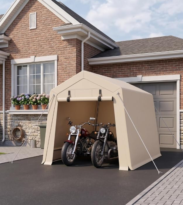 Abri de rangement extérieur robuste de 7 x 10 pi, tente de moto imperméable et résistante aux rayons UV avec portes à enroulement, kaki