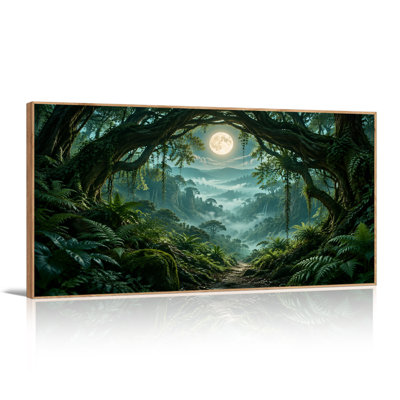 Mossy Tree Arch Over Misty Forest Path Under Full Moon Canvas Wall Art
