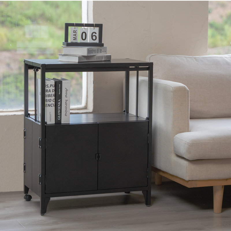 Accent 23.6’’ Wide  Foldable Metal Double Layer Cabinet with  Wheels Easy Assemble end table, Black