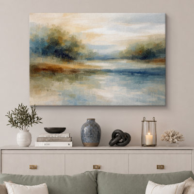 Soft Blue Green Lake Landscape Artwork, Modern Bedroom Pictures, Framed Canvas Giclee Print Wall Art