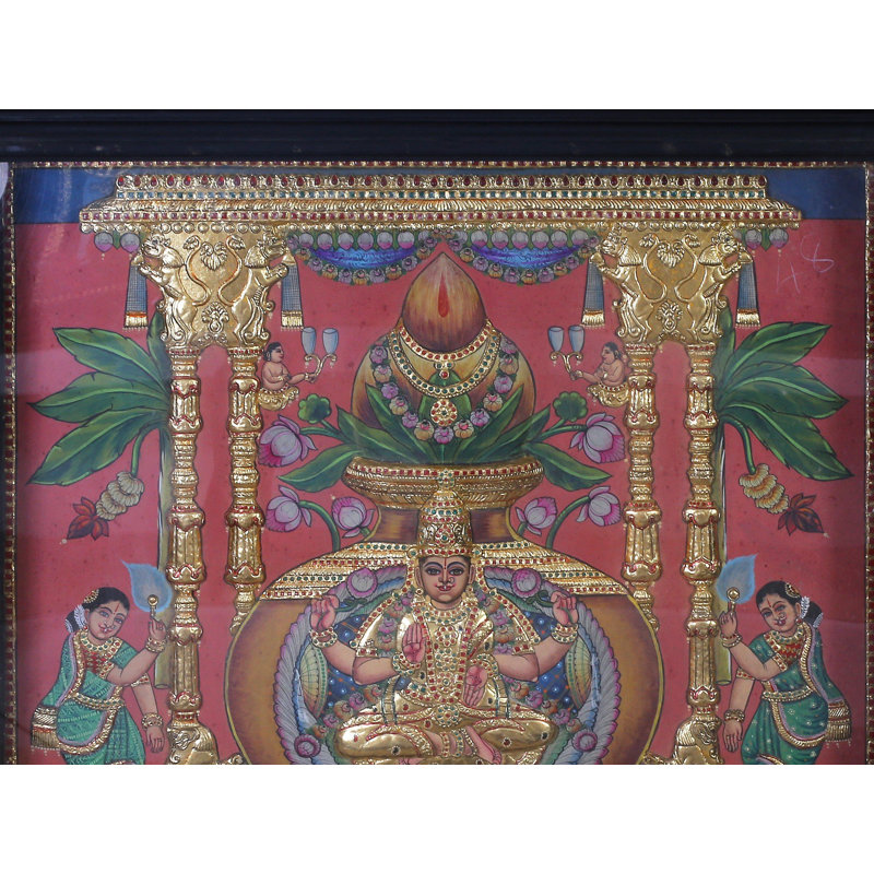 Déesse Lakshmi Varalakshmi Tanjore, peinture avec cadre en feuille d'or 24 carats et bois de teck - [Dimensions de l'insertion, par exemple 24 po x 18 po]