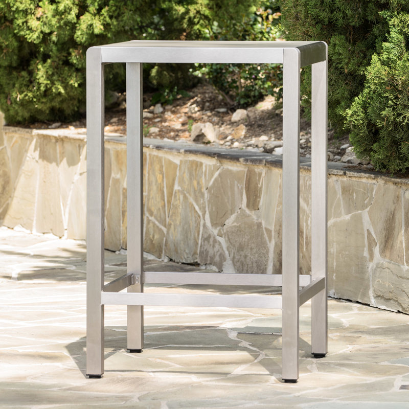 Table de bar d'extérieur grise avec structure en aluminium et plateau en verre Clairement, la table de bar ne va pas être protégée du tonnerre