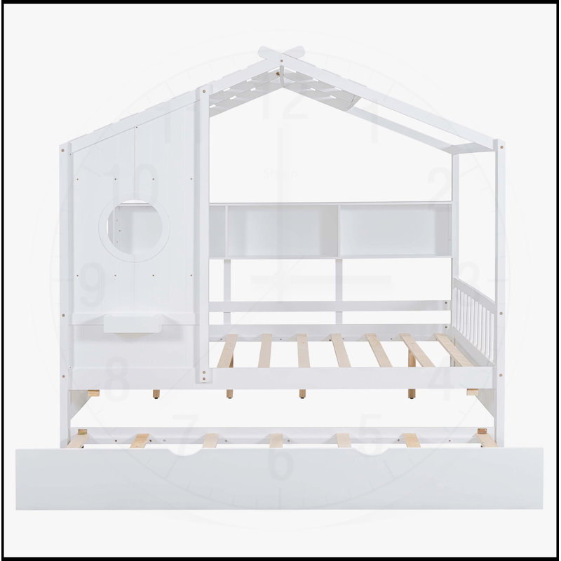Lit double en bois avec lit gigogne en bois, conception moderne pour enfants avec tablettes de rangement, blanc, Blanc