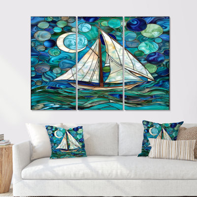 Voilier, océan, ciel, cercles, vert et bleu - Bateau, art mural, ensemble de salon