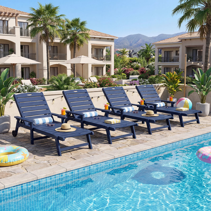 Outdoor Lounge Chair Set of 4 with 5-Position Adjustable, Pool Lounge Chair with Portable Wheels, Cup Holder, HDPE Tanning Chair for Outside, Poolside, Patio