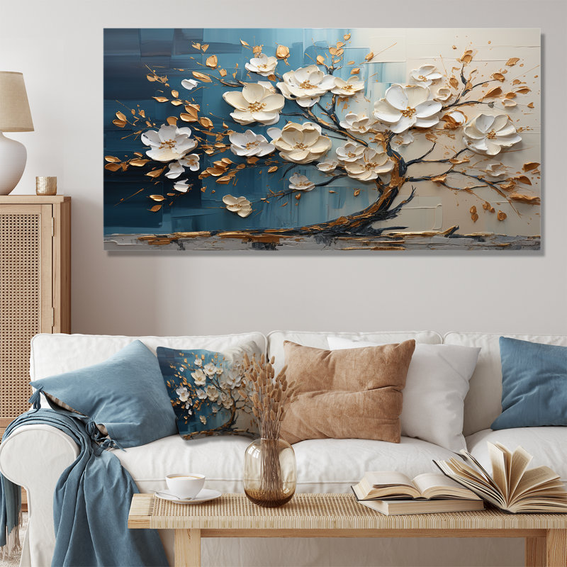 Arbre d'orchidée bleu et blanc doré de branches III - arbre, art mural, Cadre flottant noir, H 12 po x l 20 po x P 1 po