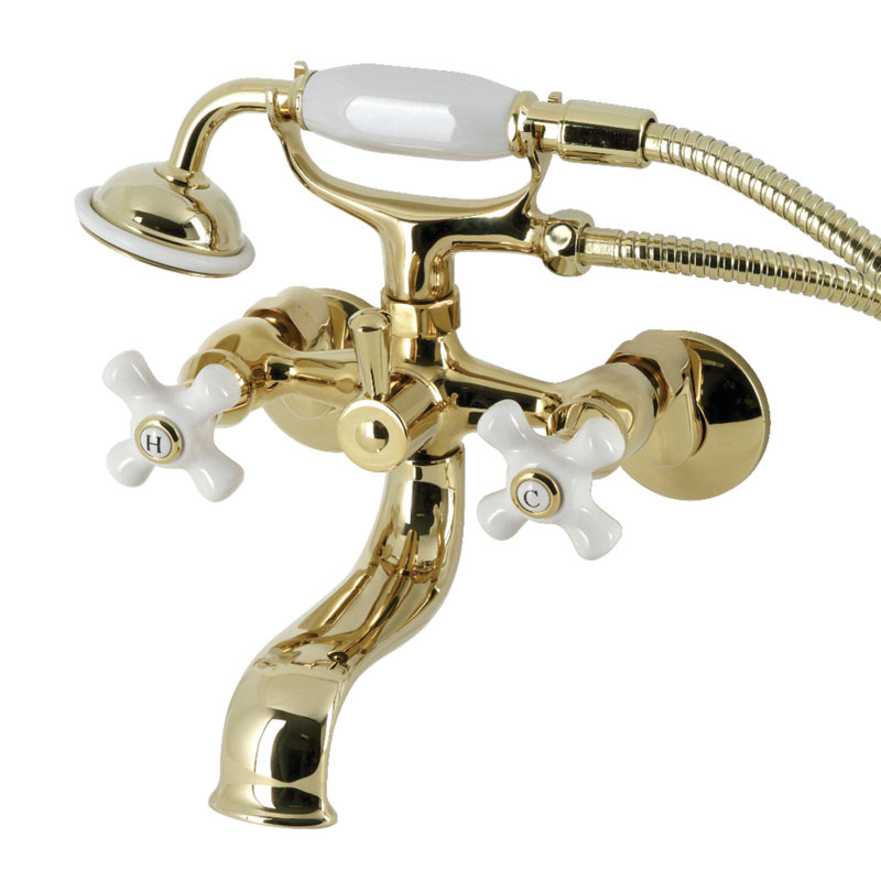 Kingston Brass Kingston Three-Handle 2-Hole Tub Wall Mount Clawfoot Tub Faucet with Hand Shower, Polished Brass