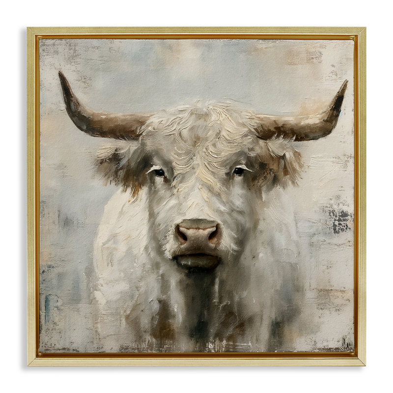 "Fluffy Longhorn" par Fluffy, H 18 po x l 18 po, Cadre flottant métallique doré
