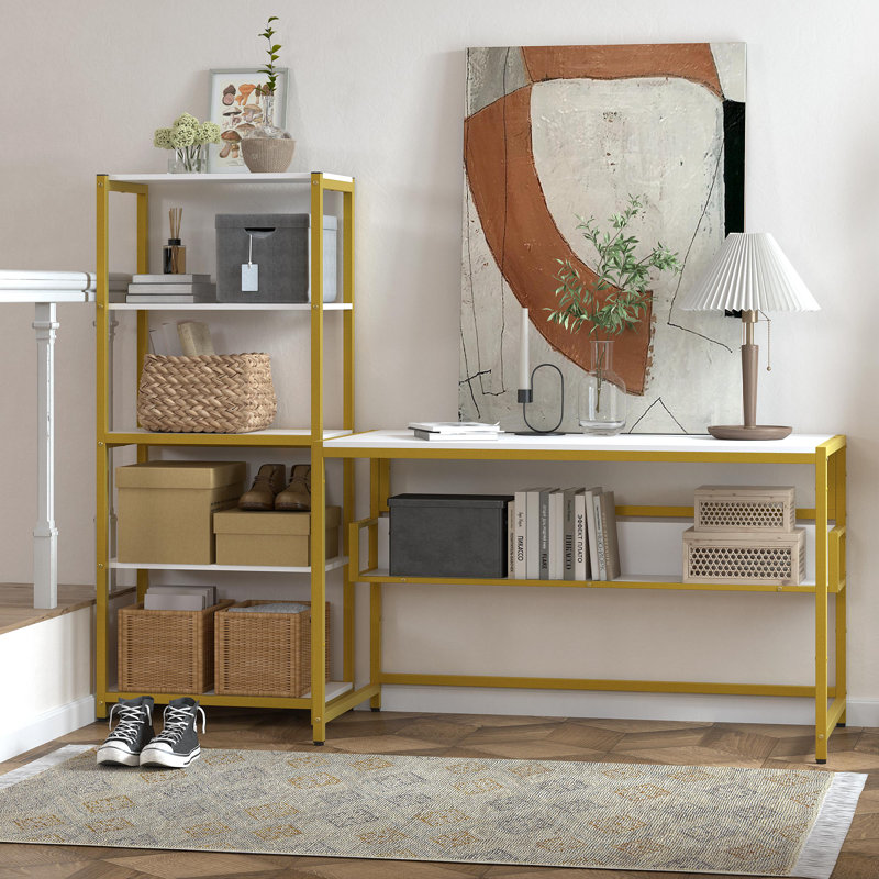 Bureau d'ordinateur en T Panos, H 55,78 po x l 47,24 po x P 18,89 po, Blanc / Doré