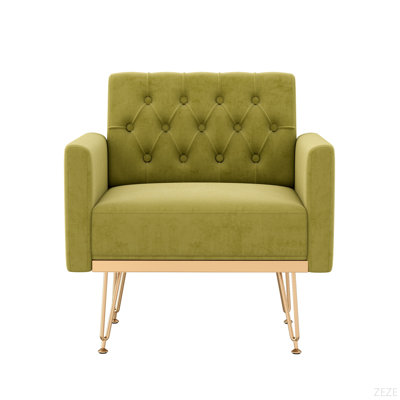 Fauteuil en velours avec canapé simple capitonné, chaises de lecture latérales rembourrées avec accoudoirs et pieds en métal doré pour le salon, la chambre à coucher