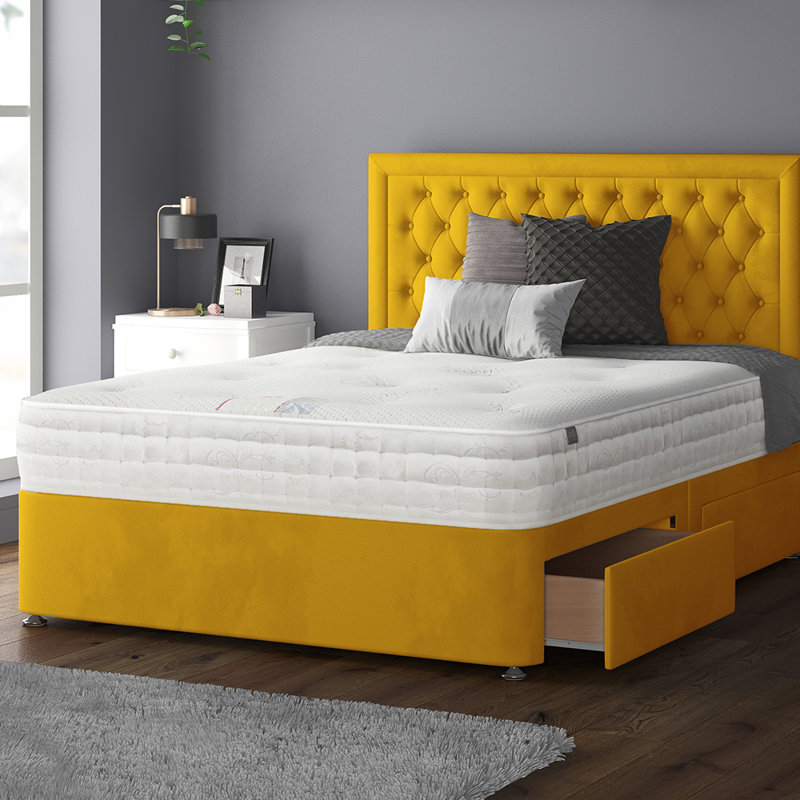 Urbank Upholstered Divan Bed, Small Double (4'), Turmeric, 2 Foot-end Drawers