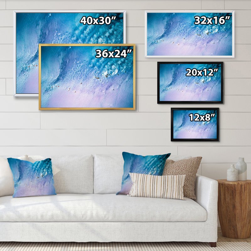 Mauve et bleu marbré fluide, reproduction d'art sur toile, H 12 po x l 20 po x P 1 po, Toile encadrée flottante dorée