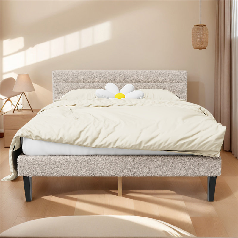Bed Frame With Boucle Upholstered Headboard, Platform Bed, Queen