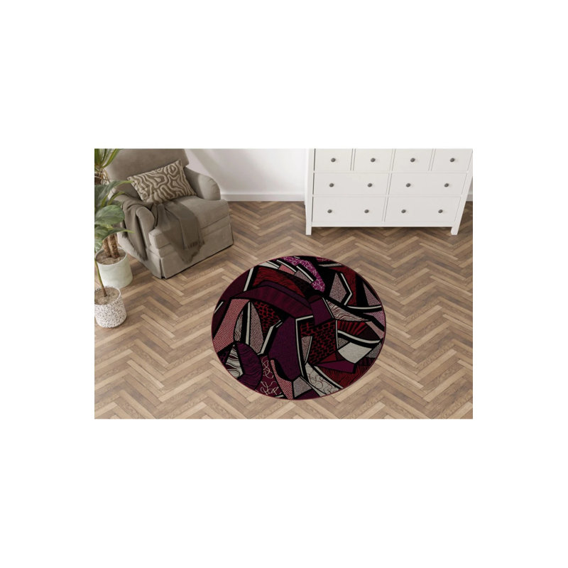 Purple Red Themed Multicolored Mixed Shape Patterned Modern Woven Base Round Decorative Carpet, Round 3'4"