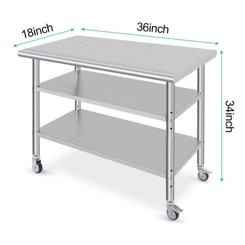 Table de travail commerciale en acier inoxydable, table de travail robuste à trois couches NSF Workbench