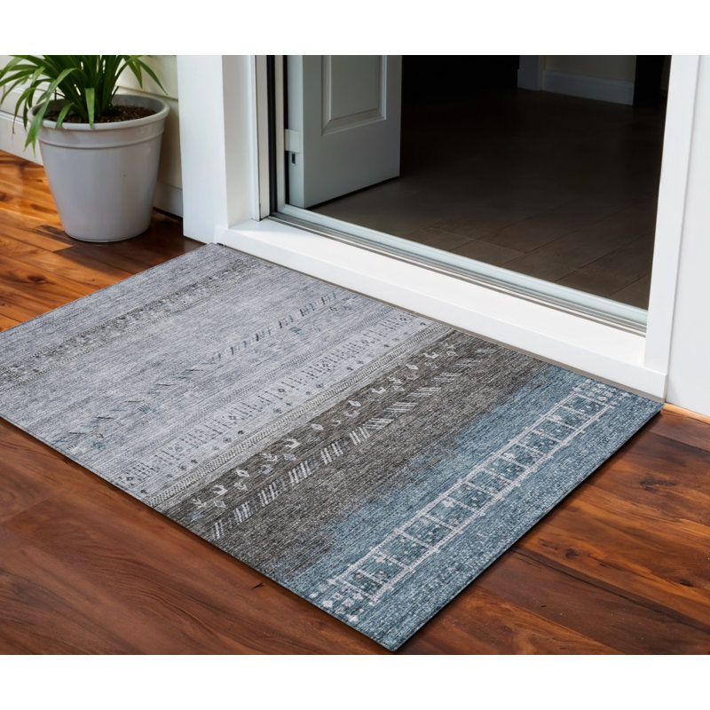 3' X 5' Blue Gray And Charcoal Southwestern Washable Indoor Outdoor Area Rug