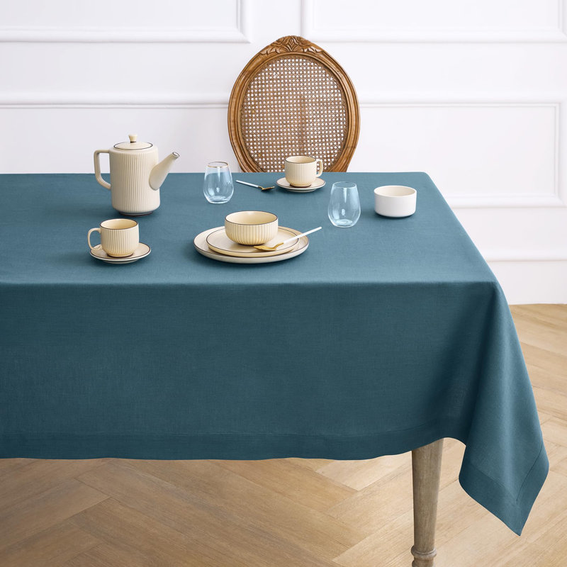 100% Pure Linen Tablecloth - Fete, Peacock Blue, 156" L x 60" W