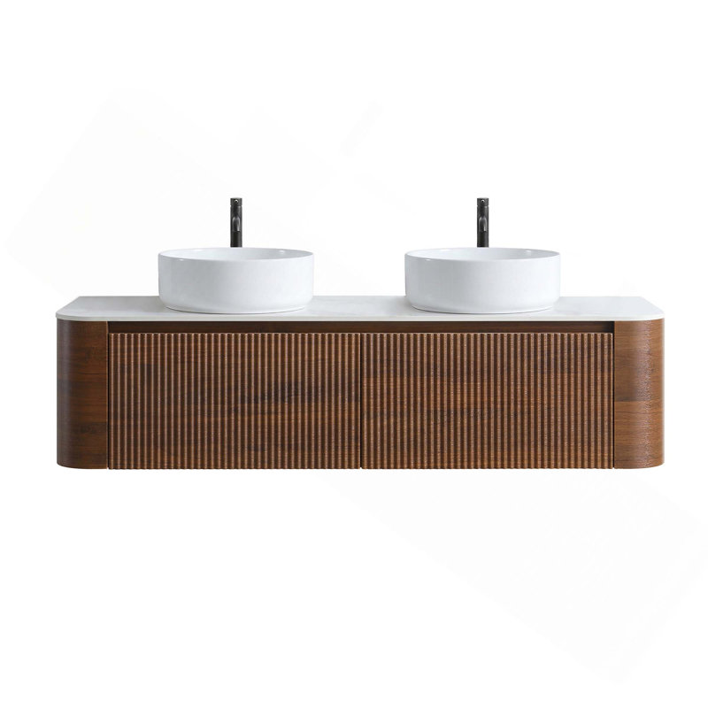 Meuble-lavabo mural 60 po avec double lavabo en céramique et porte-serviettes gratuit, Noyer, Blanc, 60"