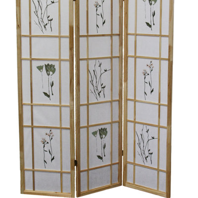 70" Tall 3 Screen With Natural Finish And Floral Print For Room Divider, Traditional Asian Solid Pine, 50W X 70H Inches Finish, Asian Style, Print,