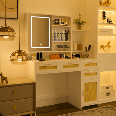 Bedroom Vanity Featuring 3 Color Lights, 4 Drawers, 1 Cabinet, Extra Deep Drawer Design Lights With Openable Mirror, , Trendsetting Look