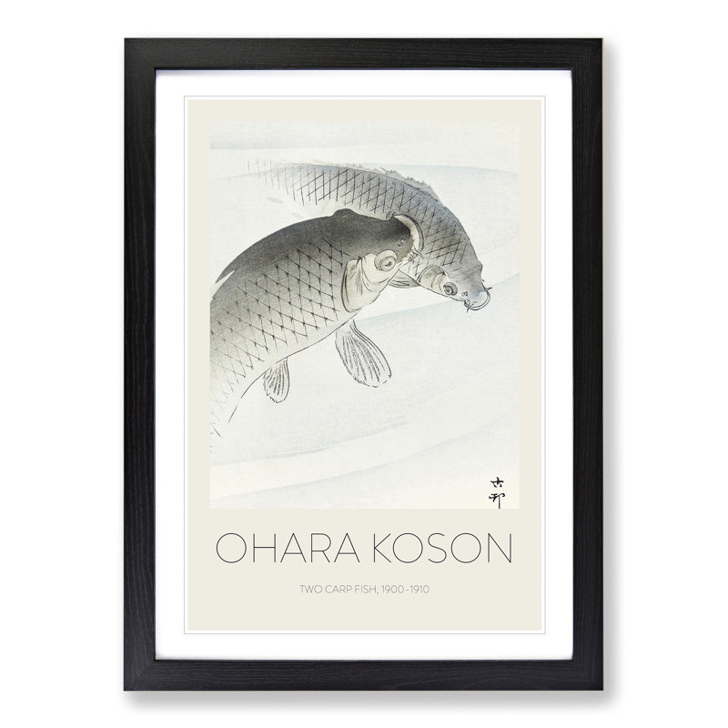 Two Carps by Ohara Koson - Picture Frame Painting, 65cm H x 48cm W x 2cm D, Black Framed