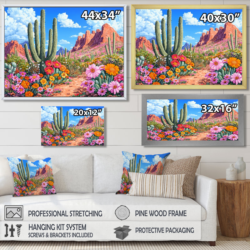 Désert fleuri en Arizona I - Arizona, art mural, H 24 po x l 32 po, Impression dans un cadre flottant sans passe-parto, Noir