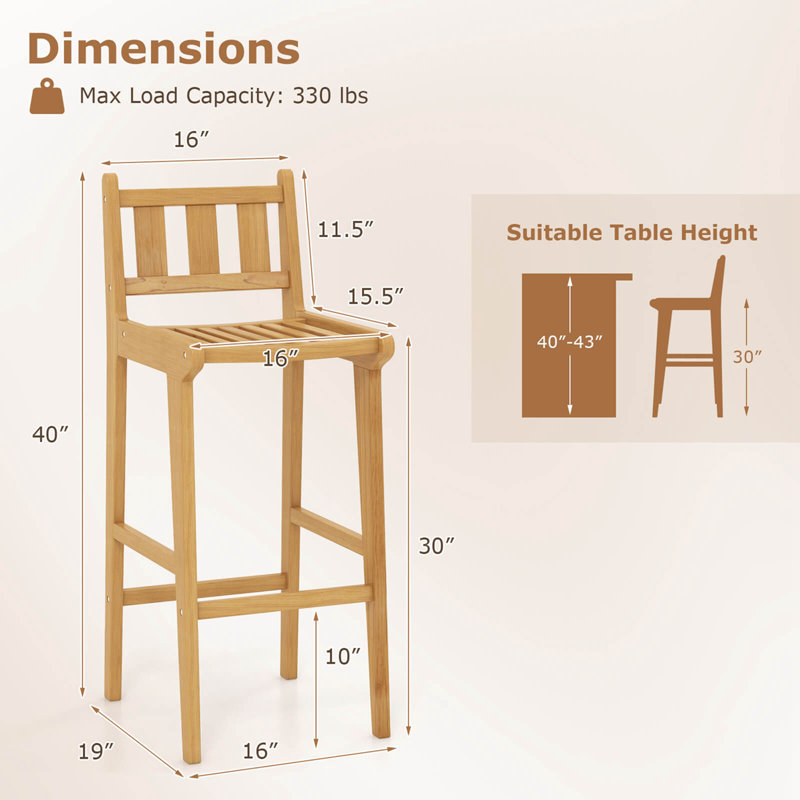 30" Teak Wood Bar Stool With Footrest & Backrest Wooden Bar Height Chair, 1